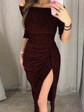 Shiny Off-Shoulder Long Sleeve Slit Sexy Fitted Dress for Party and Birthday Celebration