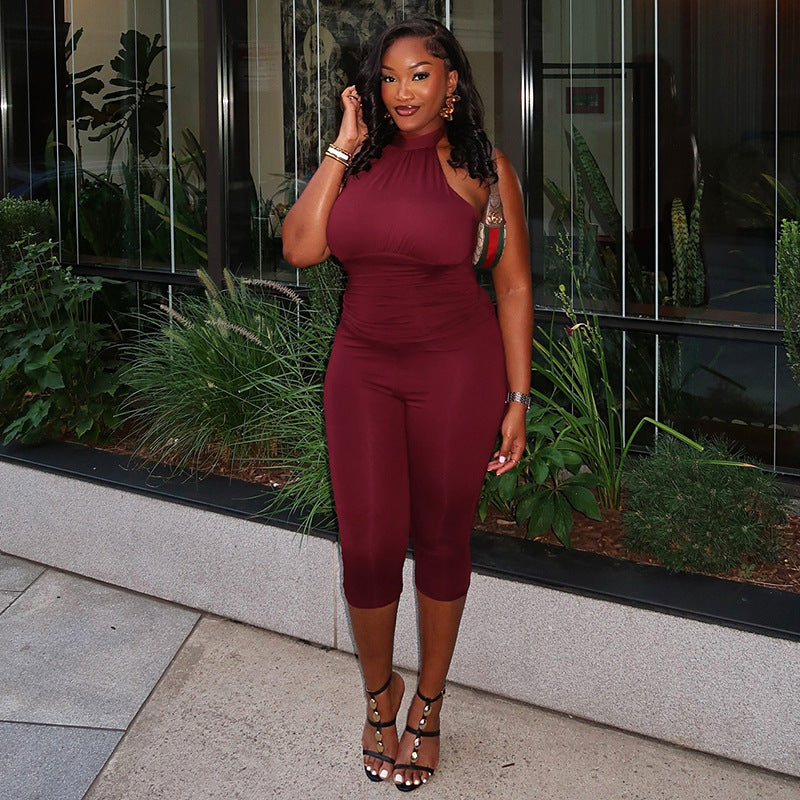 Women's Solid Color Halter Sexy Fitted Sleeveless Backless Jumpsuit