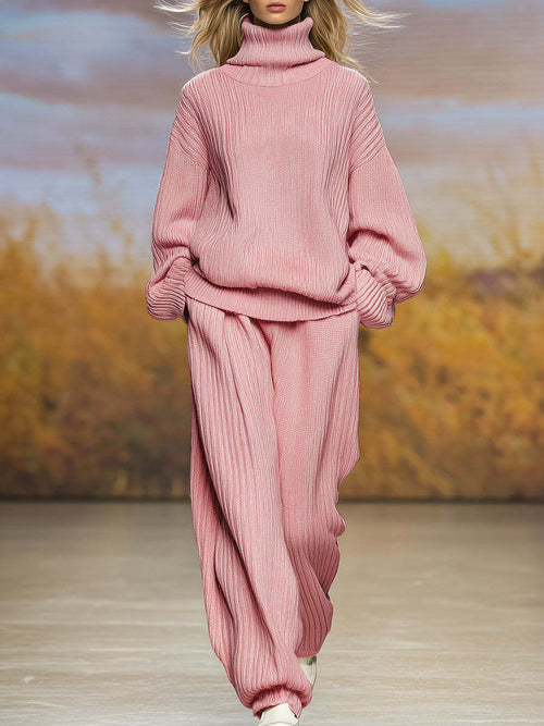 Casual Knit Loose High Neck Wide Leg Pants Set