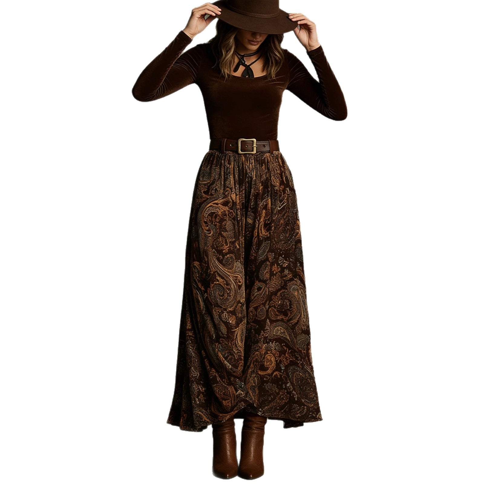 Slim fit printed long skirt set with belt