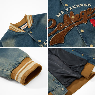 Vintage Washed Letter Embroidery Baseball Jacket for Men and Women, Loose Casual Trendy Couple Denim Jacket