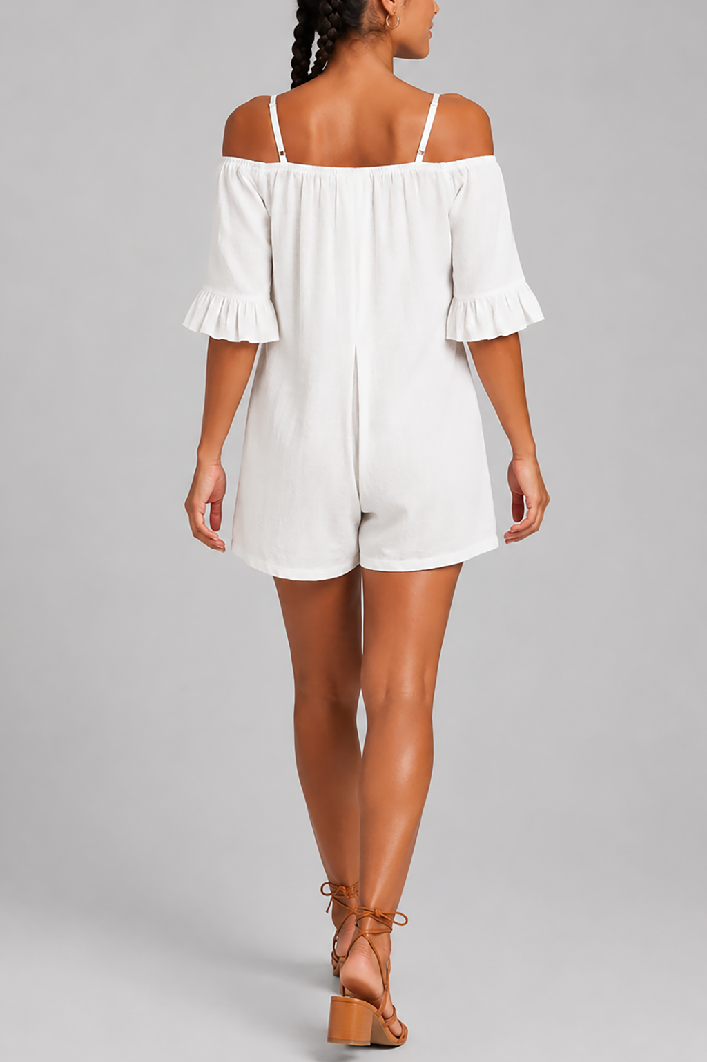 Women's fashion strapless, off-shoulder, ruffled sleeves, semi-open front, one-piece short shorts