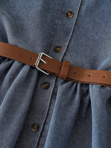 Girls' A-line denim dress with turned-down collar and washed finish