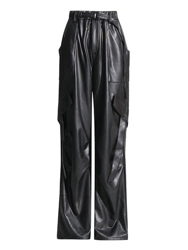 Solid Casual Leather Pants For Women High Waist Full Length Patchwork Pockets Chic Cargo Pant