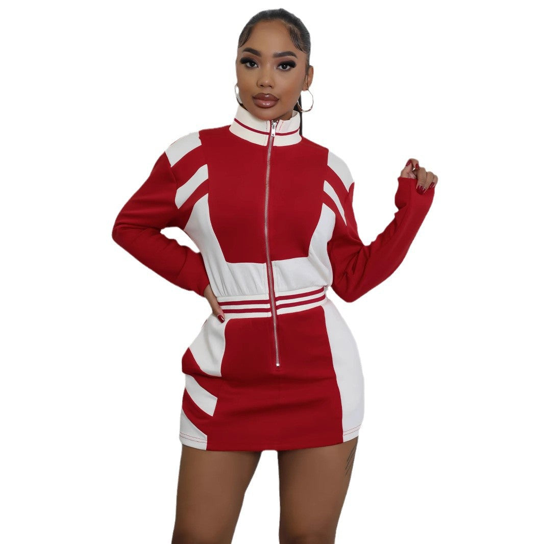 Casual Color-Blocked Zipper Jacket Long Sleeve Fitted Dress for Women