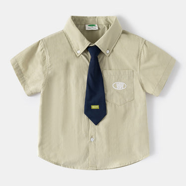 Boy's Summer New Kids Tie Short Sleeve Shirt College Style Short Sleeve Shirt