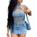 Washed Stretch Denim Halter Zipper Sexy Casual Dress Set