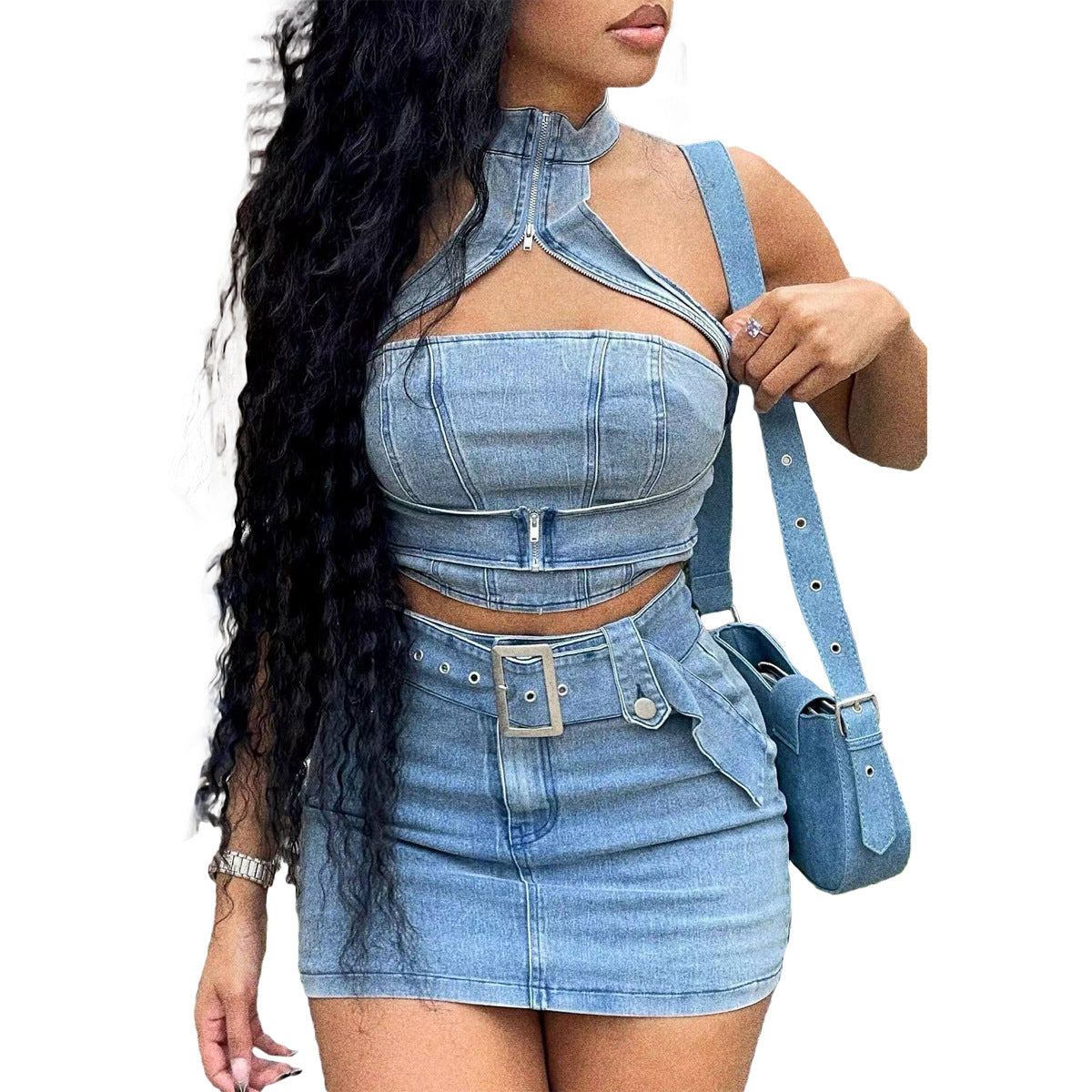 Washed Stretch Denim Halter Zipper Sexy Casual Dress Set