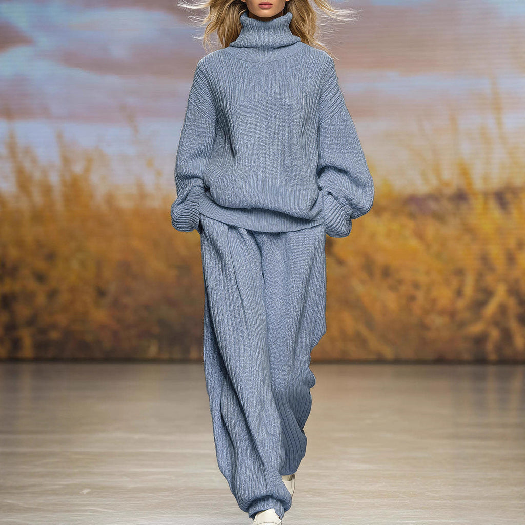Casual Knit Loose High Neck Wide Leg Pants Set