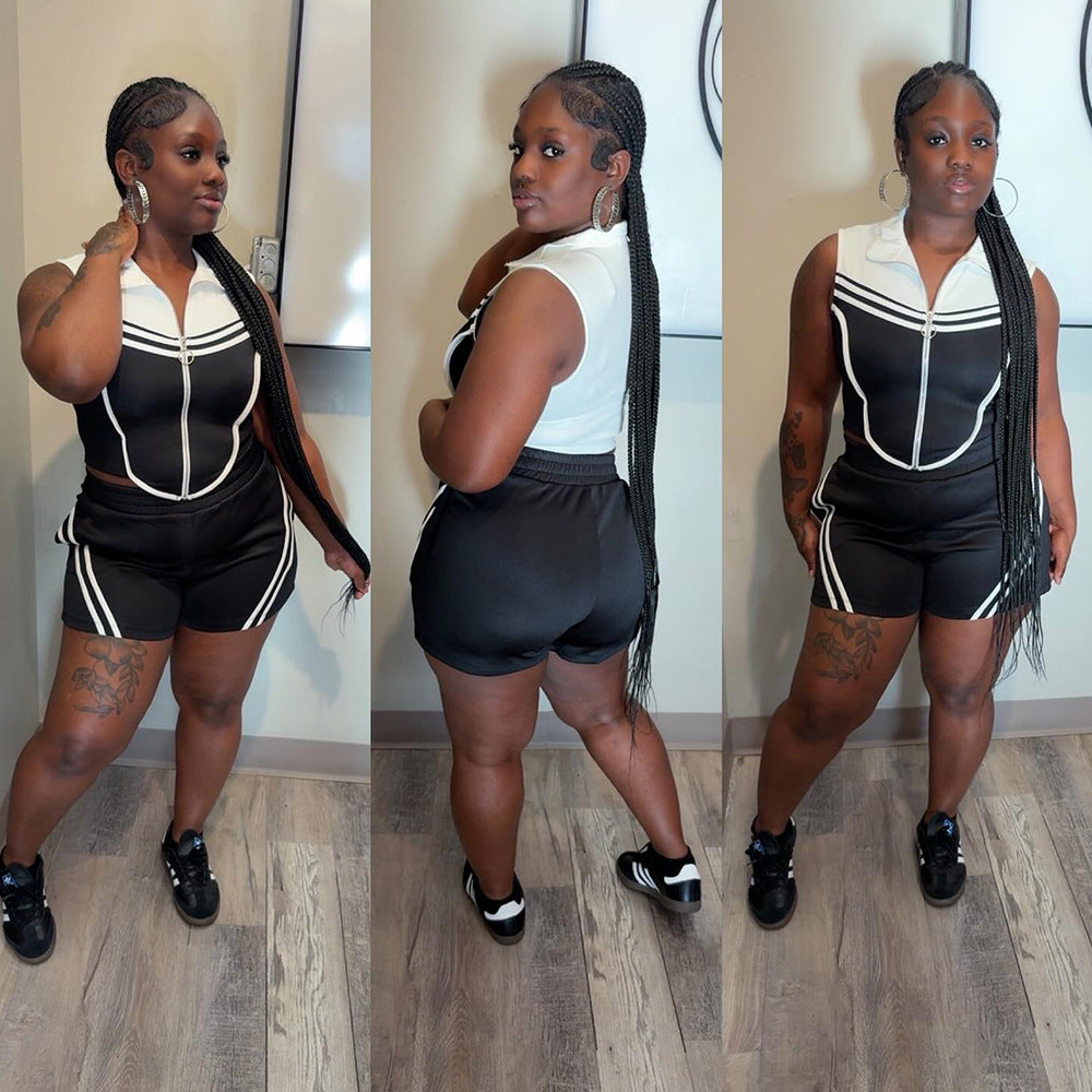 Fitted Two-Piece Set Lapel Sleeveless Top with Shorts for Women