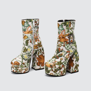 Women's Winter New Fashion Embroidery Pattern Thickened High-heeled Thick-bottomed Round Toe Side Zipper Ankle Boots