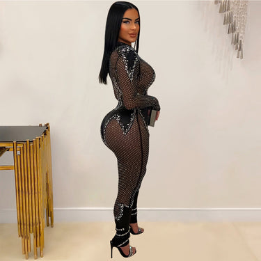 Style Solid Color Mesh Rhinestone Long Sleeve Long Pants Jumpsuit