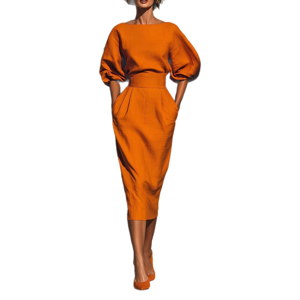 Ship collar A-line skirt shoulder bubble sleeve top high waist pleated half skirt
