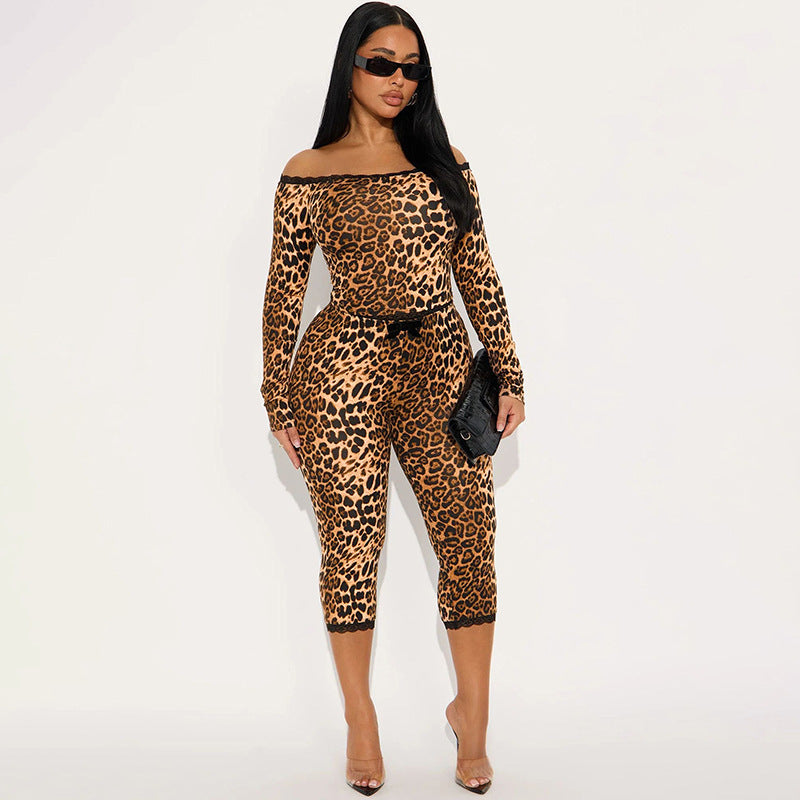 Leopard Print Off-Shoulder Long Sleeve Crop Top with Fitted Seven-Eighth Pants Two-Piece Set