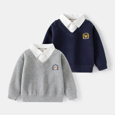 Baby False Two-Piece Jacket Kids Shirt Collar Sweatshirt Boys V-Neck Top Children's Clothing Wholesale