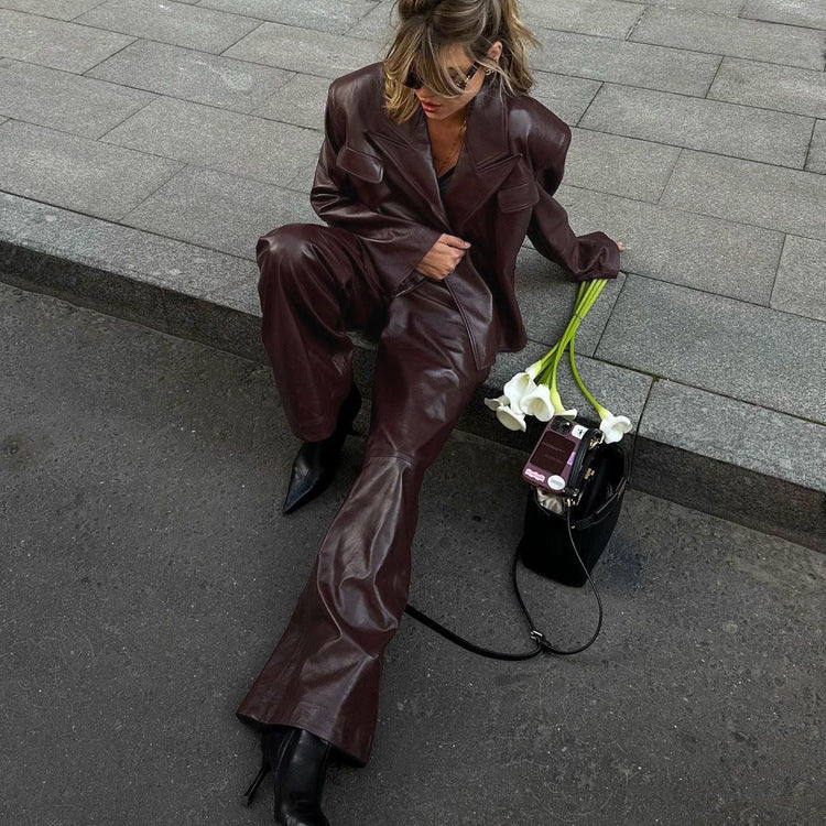 Spring and Autumn New Vintage Green Fruit Collar with Belt, Leather Jacket, High Waist Leather Pants, Fashion Set for Women