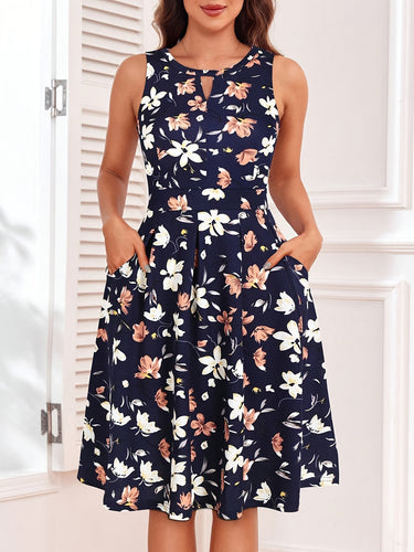 New Floral Print Keyhole Neckline Dress with Hidden Back Zipper, Beach Vacation Style Dress