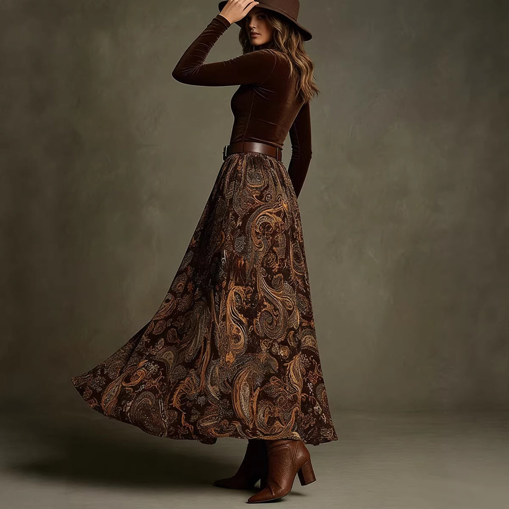 Slim fit printed long skirt set with belt