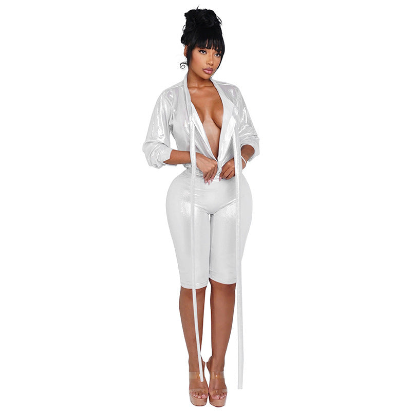 Autumn Fashion Trendy Tied Top with Five-Quarter Pants and Skinny Pants Two-Piece Set