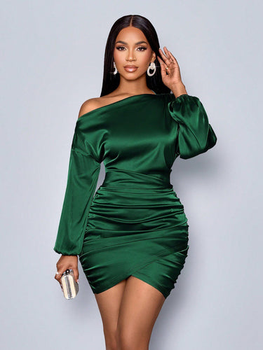 Slanted shoulder long sleeved dress