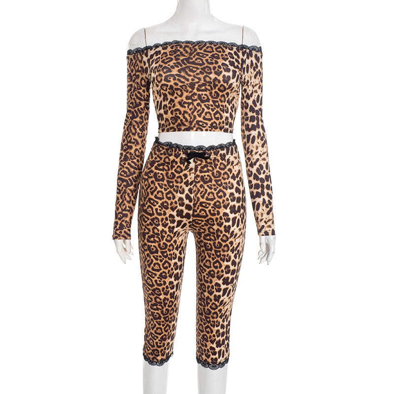 Leopard Print Off-Shoulder Long Sleeve Crop Top with Fitted Seven-Eighth Pants Two-Piece Set