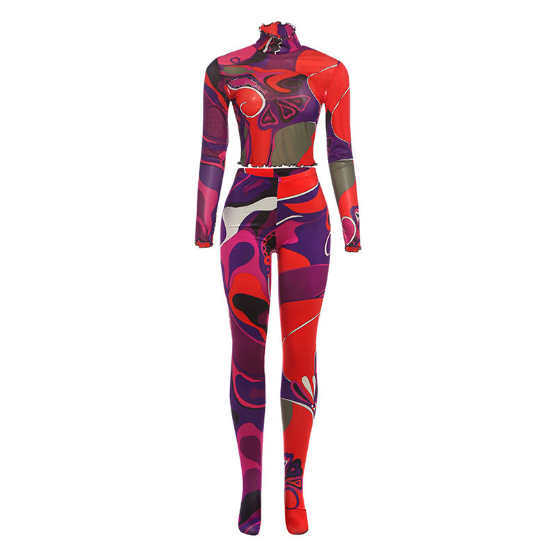 Fashion Digital Print Sexy Sheer Crop High-Waisted Skinny Pants Set for Women
