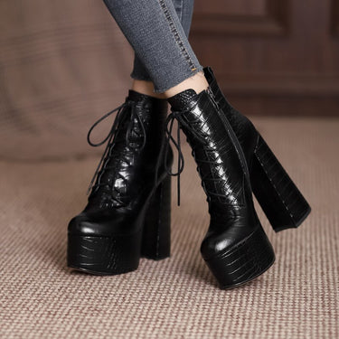 Elegant Mature Women Ankle Boots Cross-Tied Platforms Genuine Leather High Heels Party Office Autumn Winter Shoes