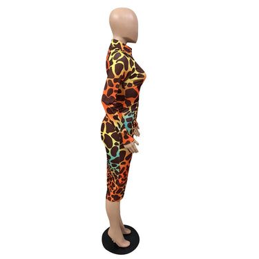 Women Leopard Print Zipper Up Turn-down Neck Long Sleeve Stacked Bodycon Midi Dress Elegant Active Ruched Draped Dresses