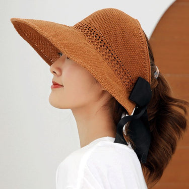 Womens Summer Foldable Straw Weave Long Ribbon Bowknot Open Top Ponytail Wide Wavy Brim Hollow Beach Bucket Beach Caps