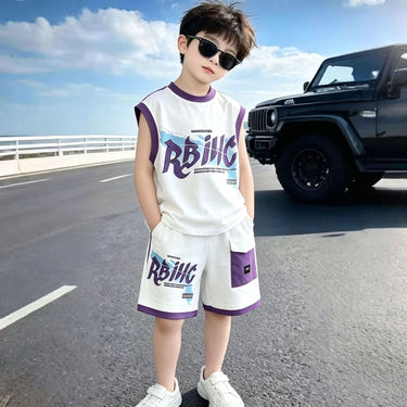 Boys' Patchwork Sleeveless Outfit Mid-to-Large Kids Trendy Streetwear Chic