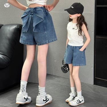 Girls' Denim Shorts Lightweight Butterfly Knot Pants Children's Five-Point Shorts for Older Girls