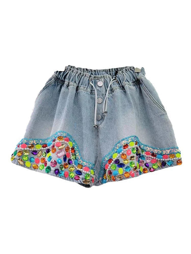 Beautiful Colorful Diamond Beads High Waist Loose Wide Leg Denim Shorts Drawstring Elastic Pant Spring Summer