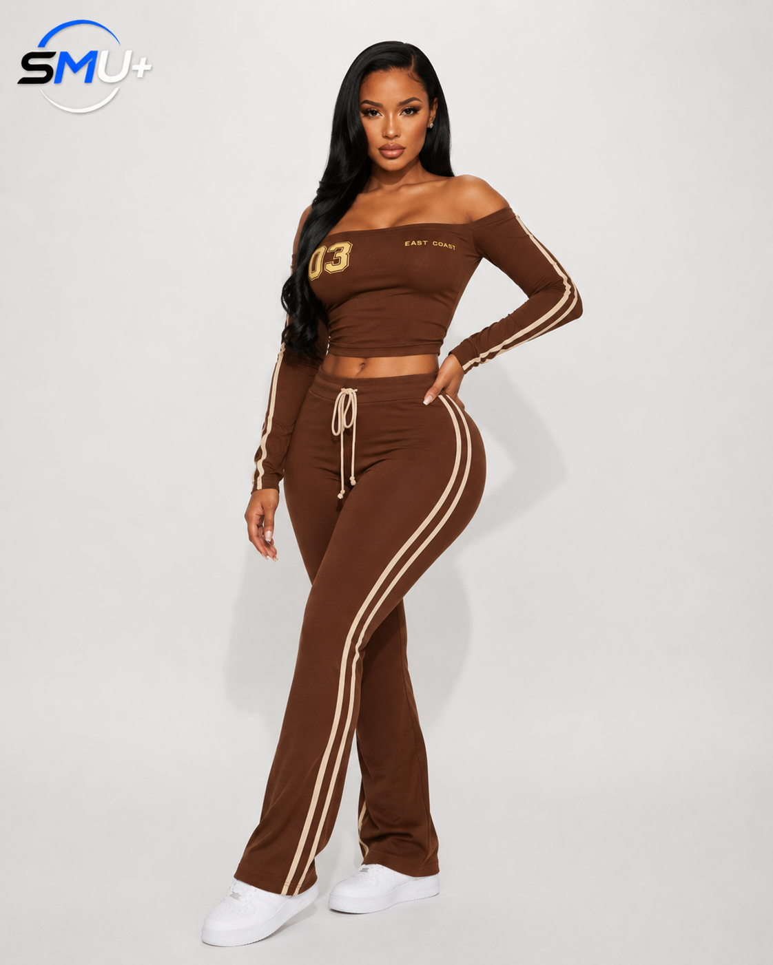 Off-Shoulder Letter Long Sleeve Top and Wide Leg Pants Athletic Set