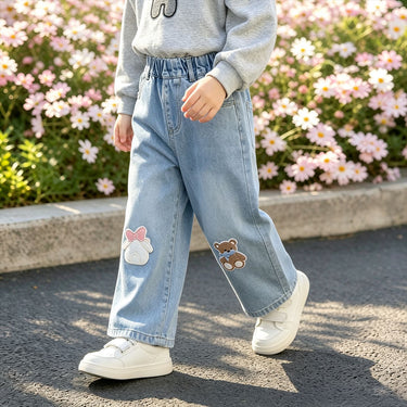 Children's Cartoon Wide Leg Jeans Girls' Straight Leg School Pants