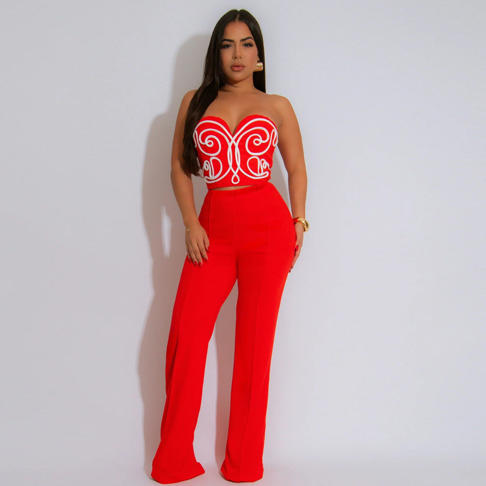 Strapless Crop Top with Solid Color Long Pants Slim Two-Piece Set Women's Casual Outfit