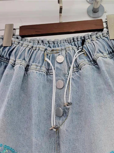 Beautiful Colorful Diamond Beads High Waist Loose Wide Leg Denim Shorts Drawstring Elastic Pant Spring Summer
