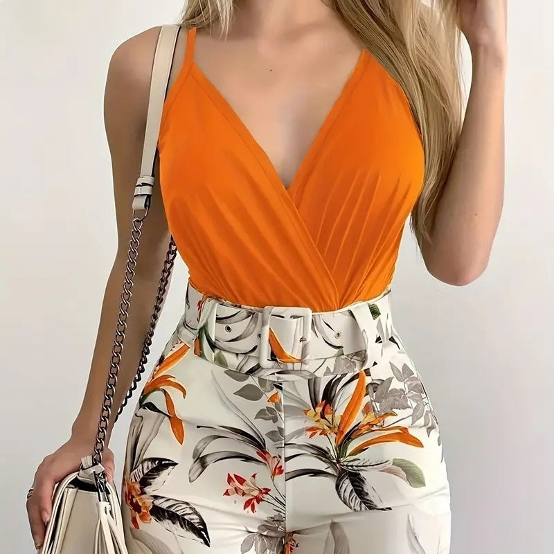 Plant Print Sleeveless V-neck Women's Set with Matching Shorts