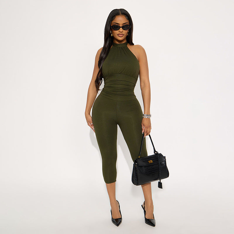 Women's Solid Color Halter Sexy Fitted Sleeveless Backless Jumpsuit