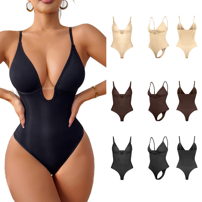 Fashion Style  Pattern Style  Neckline Fit Type  Type of Clothing Style Solid Color Deep V-Neck  Fitted  Bodysuit with Thong
