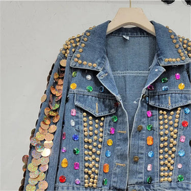 Heavy Work Sequins Diamonds Rivet Denim Jacket Women Loose Short Cowboy Outerwear Autumn Vintage Blue Jeans Jacket Coat Female