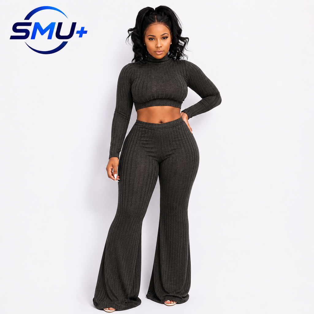 Round neck top and wide leg pants two-piece set