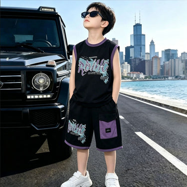 Boys' Patchwork Sleeveless Outfit Mid-to-Large Kids Trendy Streetwear Chic