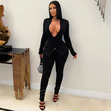 Sexy V-neck Jumpsuit Slim Pencil Pants Women's Solid Color Long-sleeved