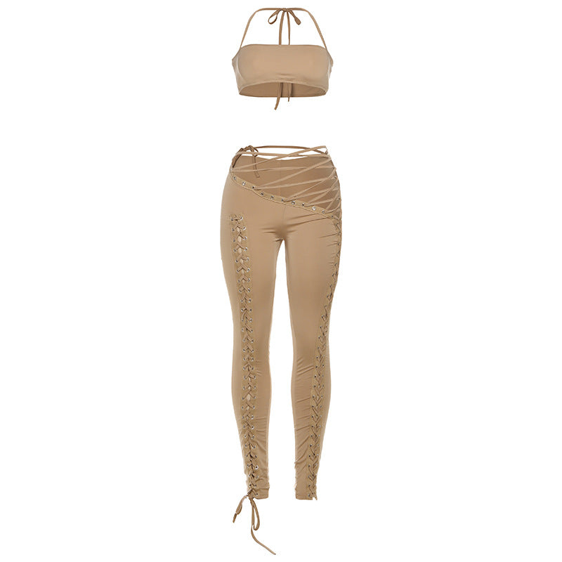 Style Solid Color Halter Neck Tie-Back Top with Belted Sexy Pants Two-Piece Set
