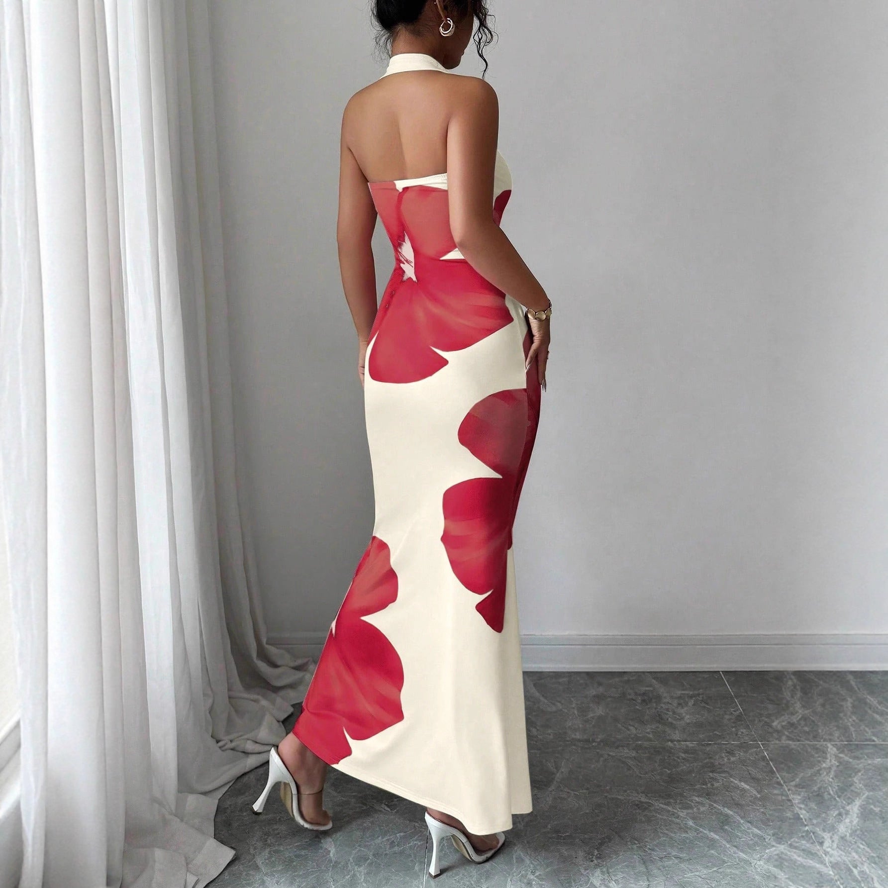 women's backless halter long dress with printed pattern fitted silhouette