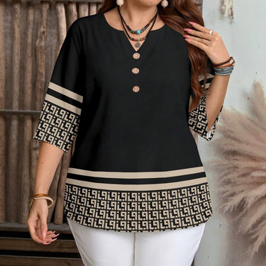 Big Size Women's Casual All-Over Print V-Neck Button Decorated Loose Short Sleeve Shirt T-Shirt