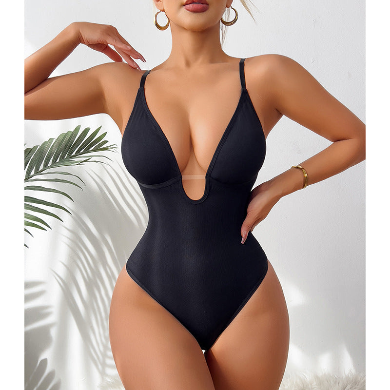 Fashion Style  Pattern Style  Neckline Fit Type  Type of Clothing Style Solid Color Deep V-Neck  Fitted  Bodysuit with Thong
