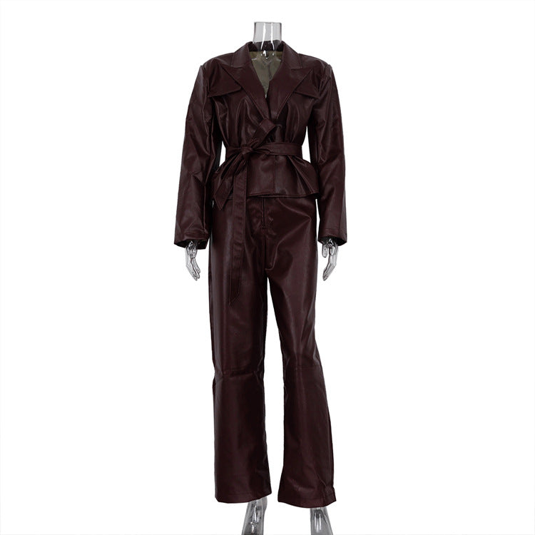 Spring and Autumn New Vintage Green Fruit Collar with Belt, Leather Jacket, High Waist Leather Pants, Fashion Set for Women