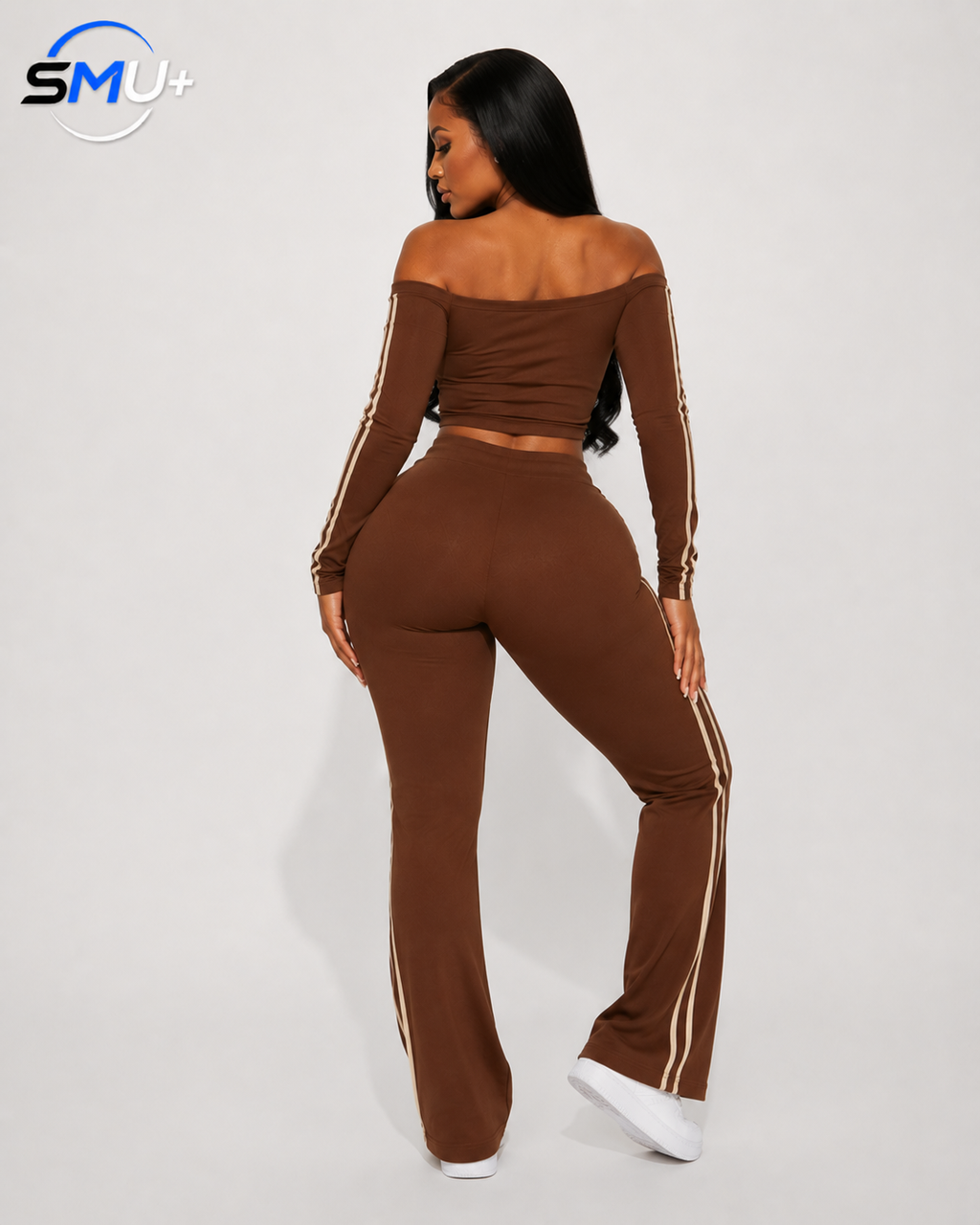 Off-Shoulder Letter Long Sleeve Top and Wide Leg Pants Athletic Set