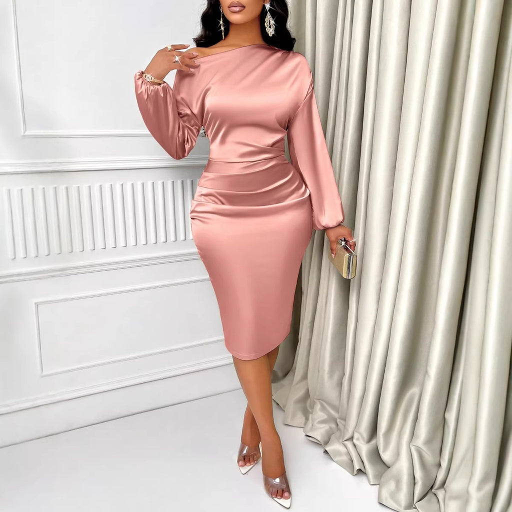 Slanted collar long sleeved dress